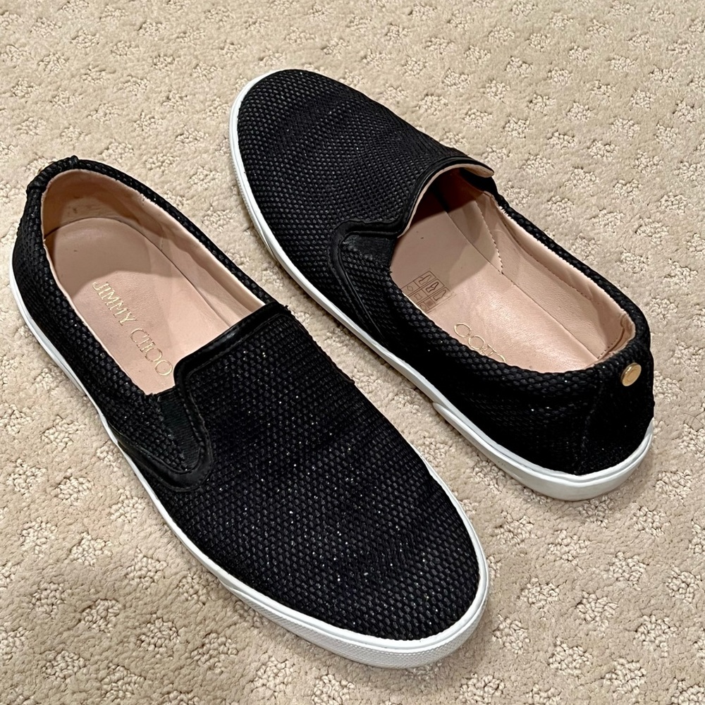 Jimmy Choo Black Glitter Slip On Sneaker